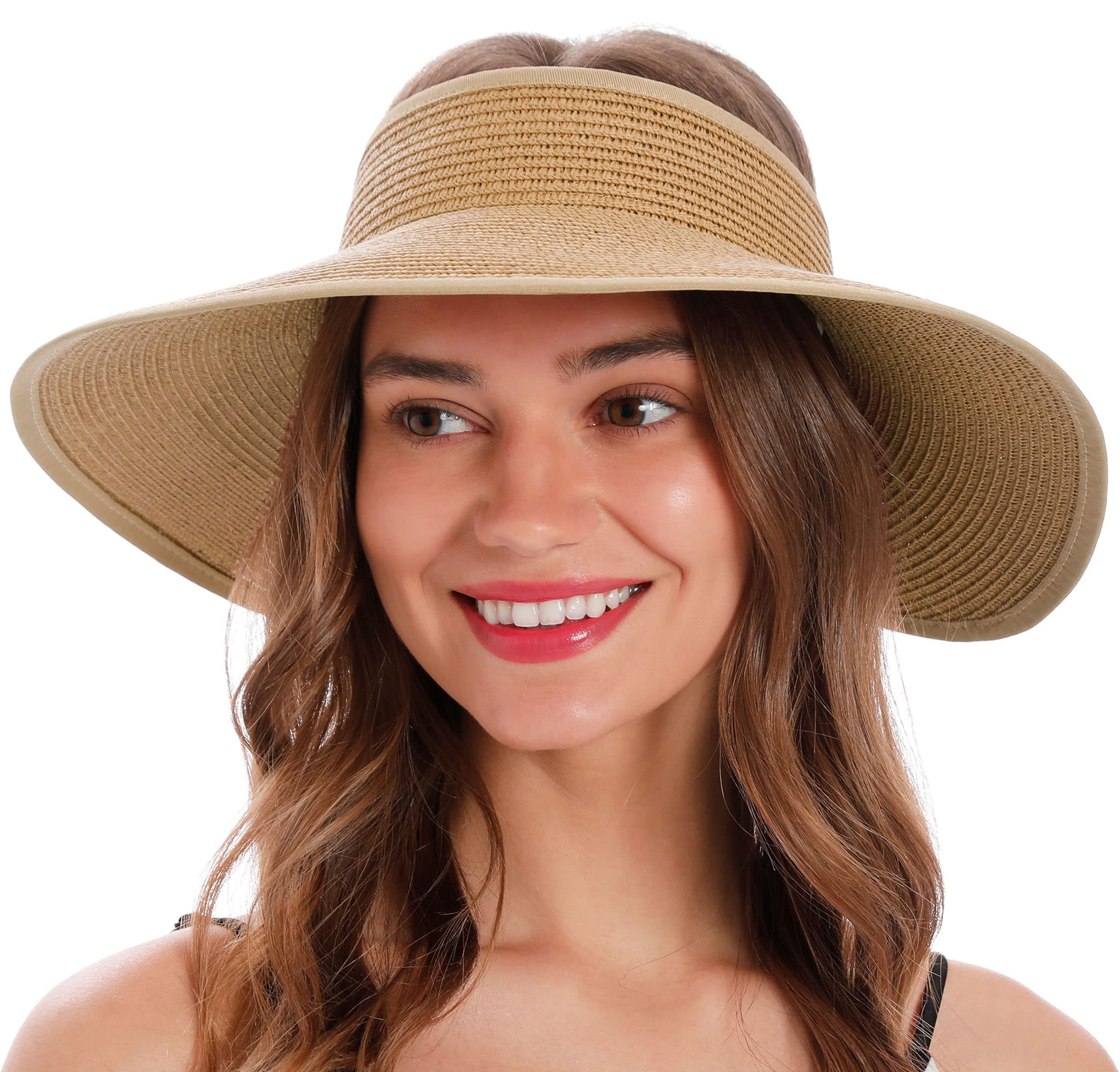 Simplicity Women's Summer Foldable Wide Brim Beach Hats Straw Sun Visor Hats