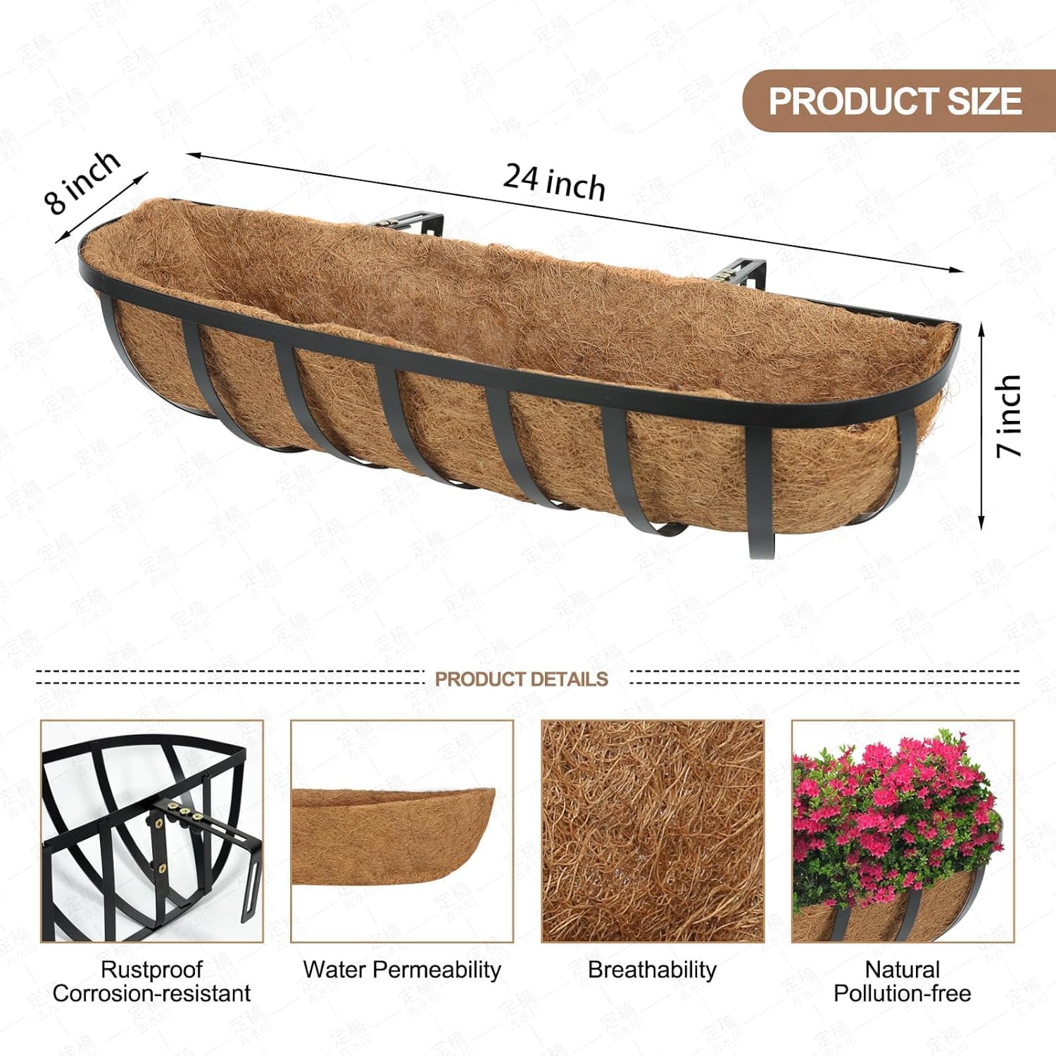 Window Boxes Planters Railing Planter Box with Adjustable Brackets for Porch Fence Patio Balcony Hanging Flower Baskets with Coco Liners for Outdoor Garden Décor (24 Inch / 2 Packs)
