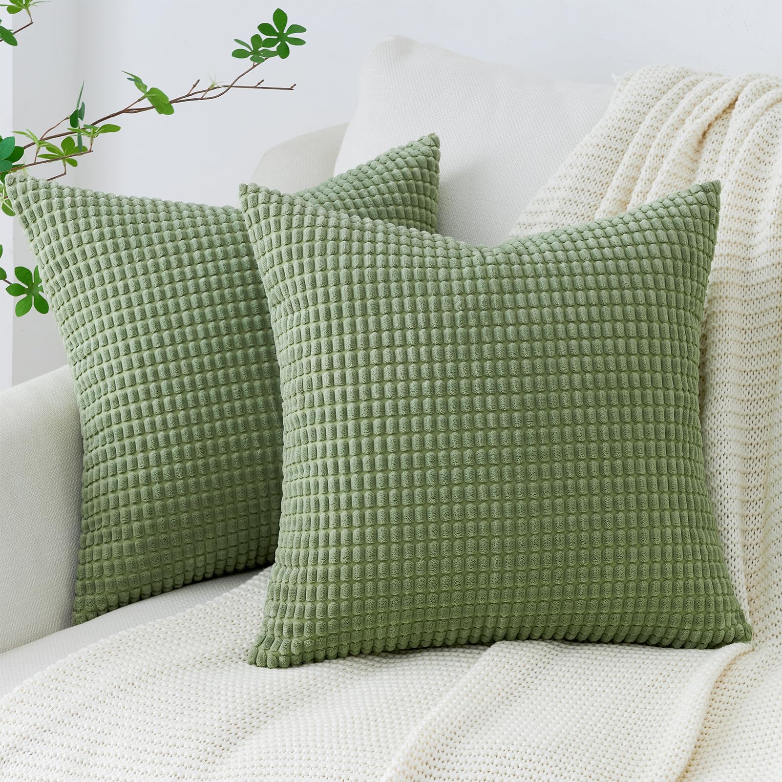 Topfinel Fundas de Cojín de Terciopelo de Maíz 60x60 cm Extra Suaves para Sofá y Dormitorio con Cremallera Invisible Diseño Decorativo - Color Verde Salvia 2 Piezas