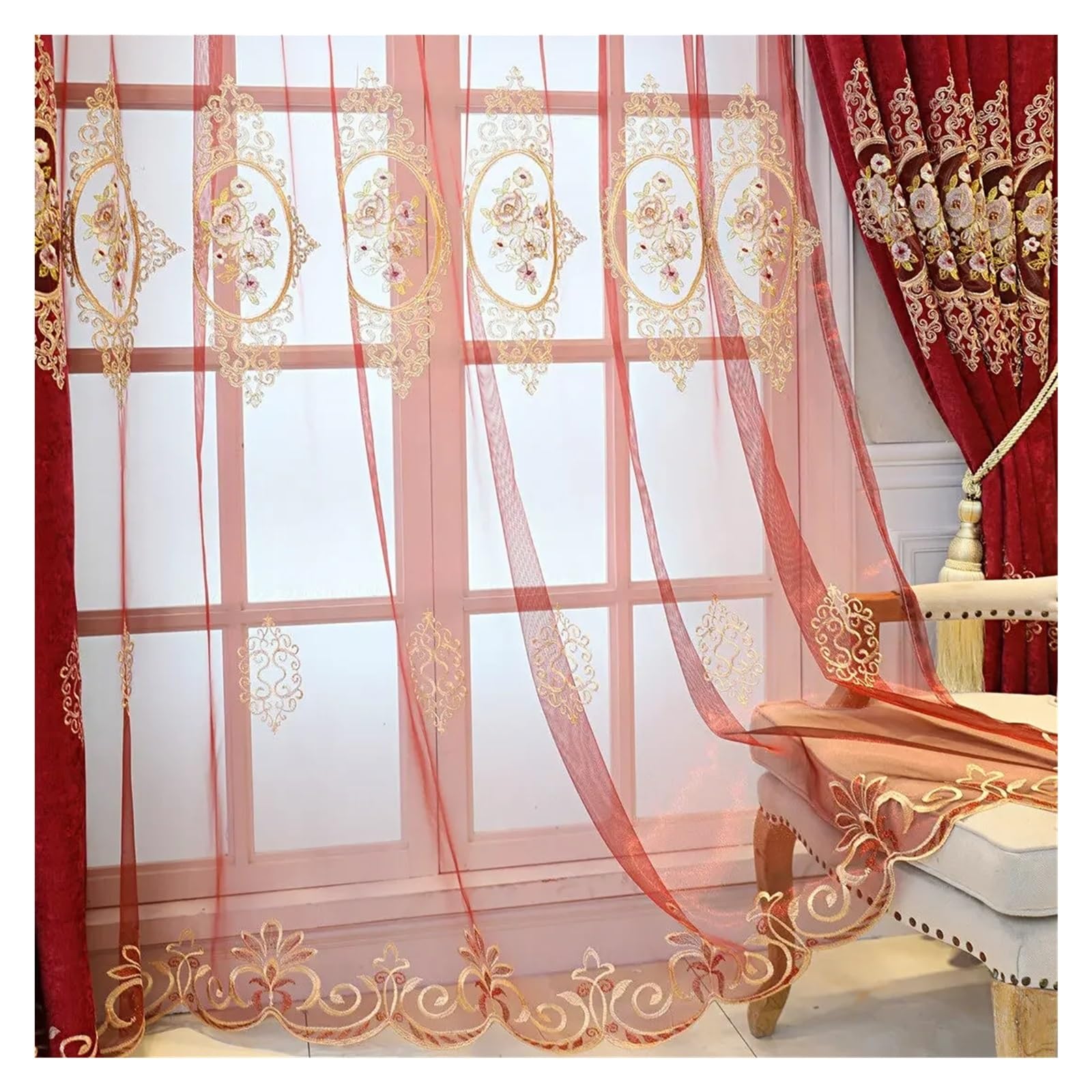 DHYUACN Living Room Curtains Red Blackout Curtain Golden Embroidery Hollow Flower Drapes Sheer Tulle For Villa Living Room Office Home Decor(Color 2,Grommet Top(Ring),W150CM X H240CM)