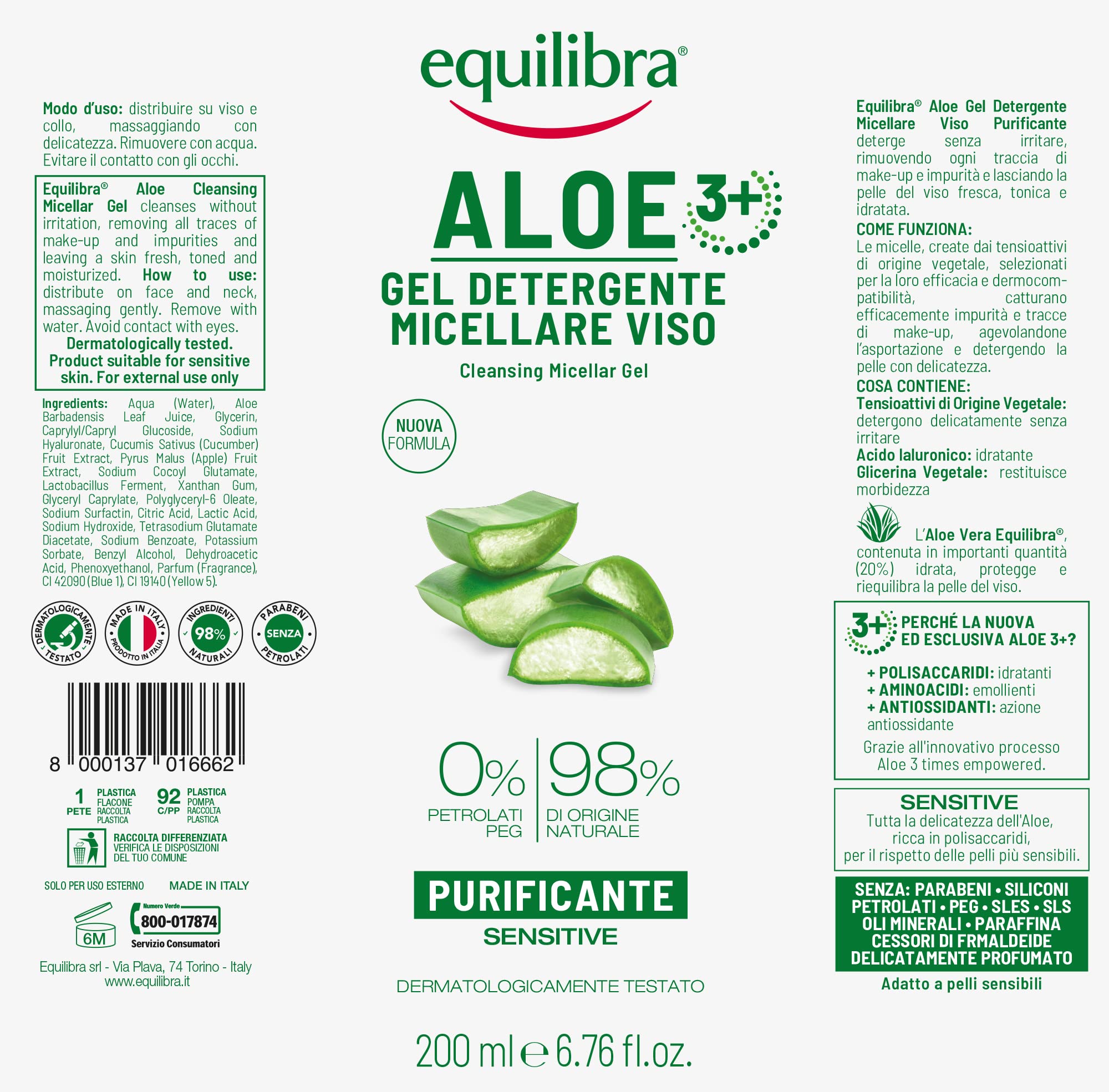equilibra Viso, Aloe Gel Detergente Micellare Viso, Gel Detergente Viso con Aloe Vera e Aloe 3+ per Pelli Sensibili, Struccante, Rimuove Residui di Make-up e Impurità, Idratante e Tonificante, 200 ml