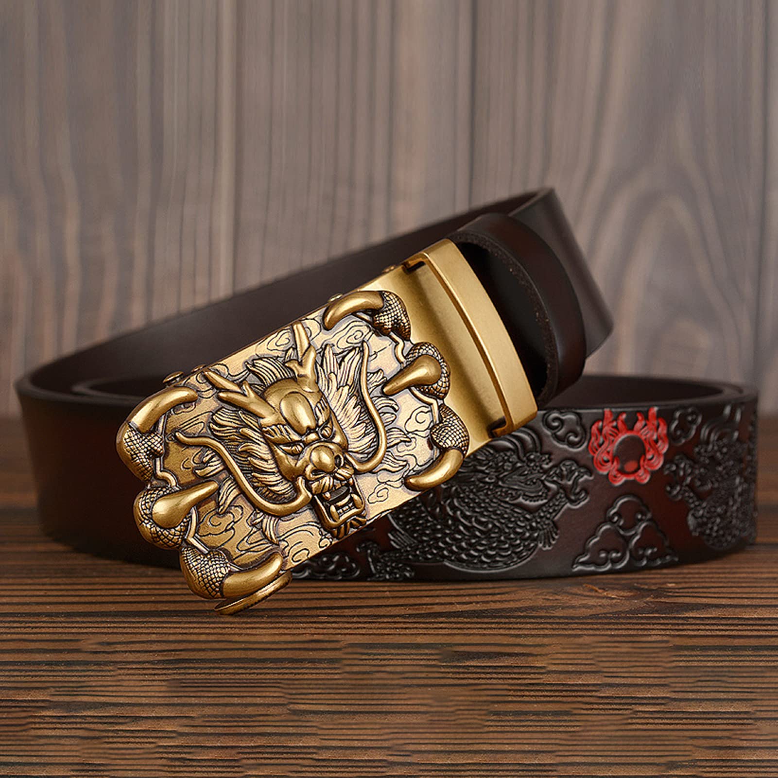 Cinturón De Cuero De Vaca De Color ámbar Quemado De Trinquete En Relieve con Dragón De Oro Deslizamiento Automático Hebilla Ajustable 35mm Cinturones(125cm/waist:43", Dragon~F)