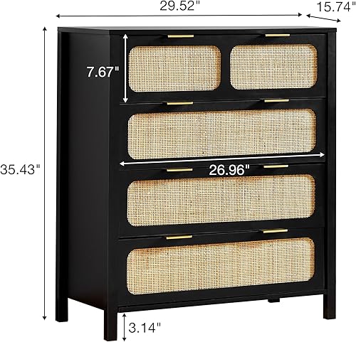 Cómoda de 4 cajones, moderna cómoda de ratán con cajones anchos y asas de metal, cómoda de almacenamiento de madera de granja para dormitorio, sala