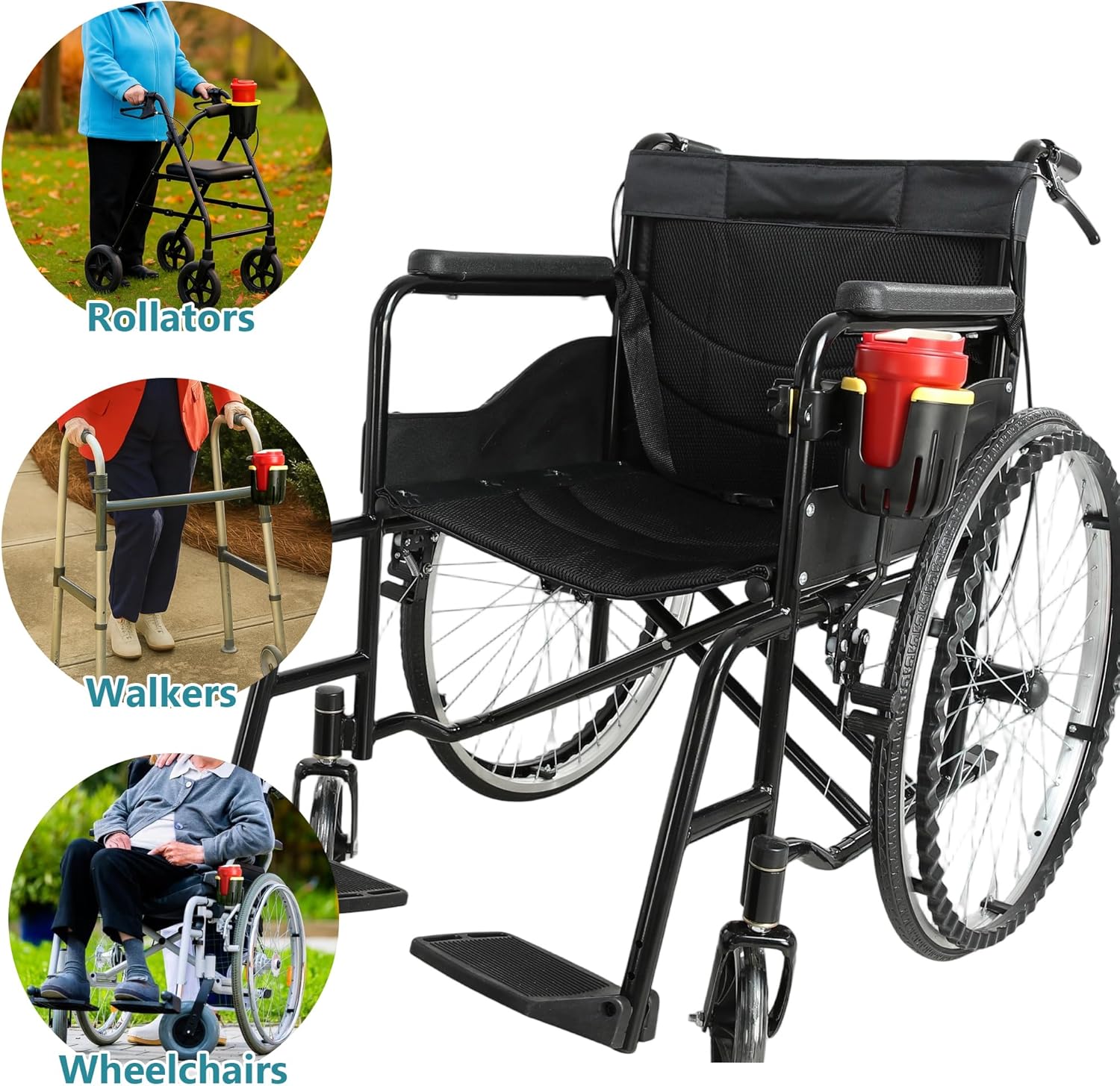 Wheelchair Cup Holder, Walker & Rollator Cup Holder, Clip-On Drink & Bottle Holder with Mug Handle Slots, Fits Folding & Rolling Walkers, for Seniors & Elderly - Image 5