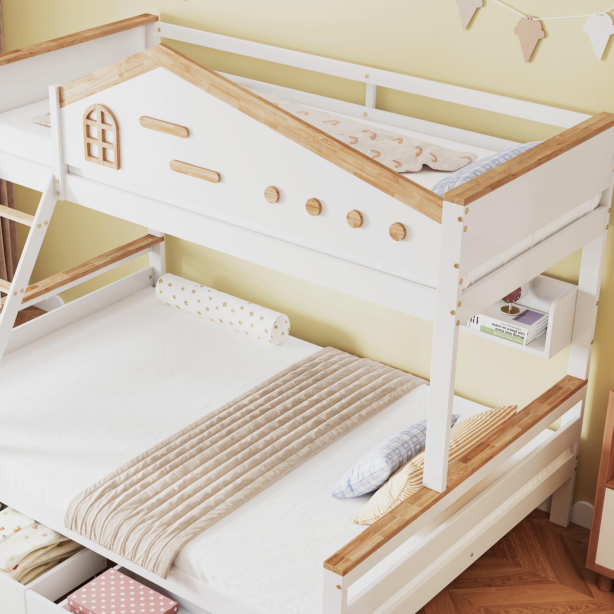 Merax Lit superposé, 90 x 200 cm et 140 x 200 cm, pour 2 à 3 enfants, mezzanine, avec échelle, 2 tiroirs et étagère de rangement, en bois, superposé, avec protection anti-chute, blanc et naturel, sans