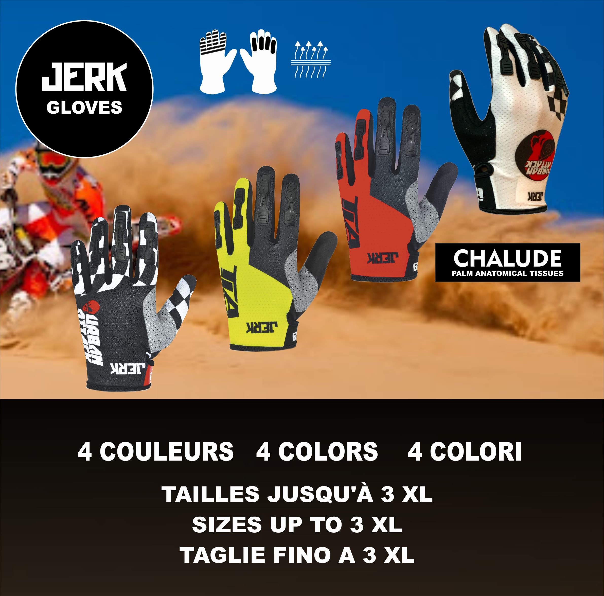 TLA JERK guanti motocross, mtb enduro, trial, bmx, unisex per uomo, donna e ragazzo, Abbigliamento moto e bici, Guanti ciclismo elasticizzati, leggeri, traspiranti e resistenti all’usura.