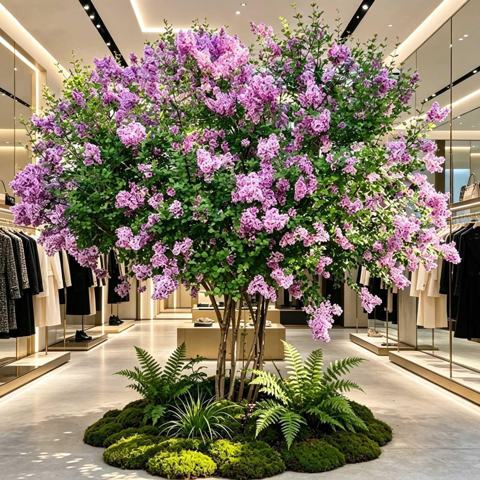 KIBONCY Realistic Artificial Lilac Flower Tree, Multi-Stem Purple Lilac Tree with Moss Ground Mat, Indoor Large Floral Ornament for Exhibition & Villa Decor(4x3m)