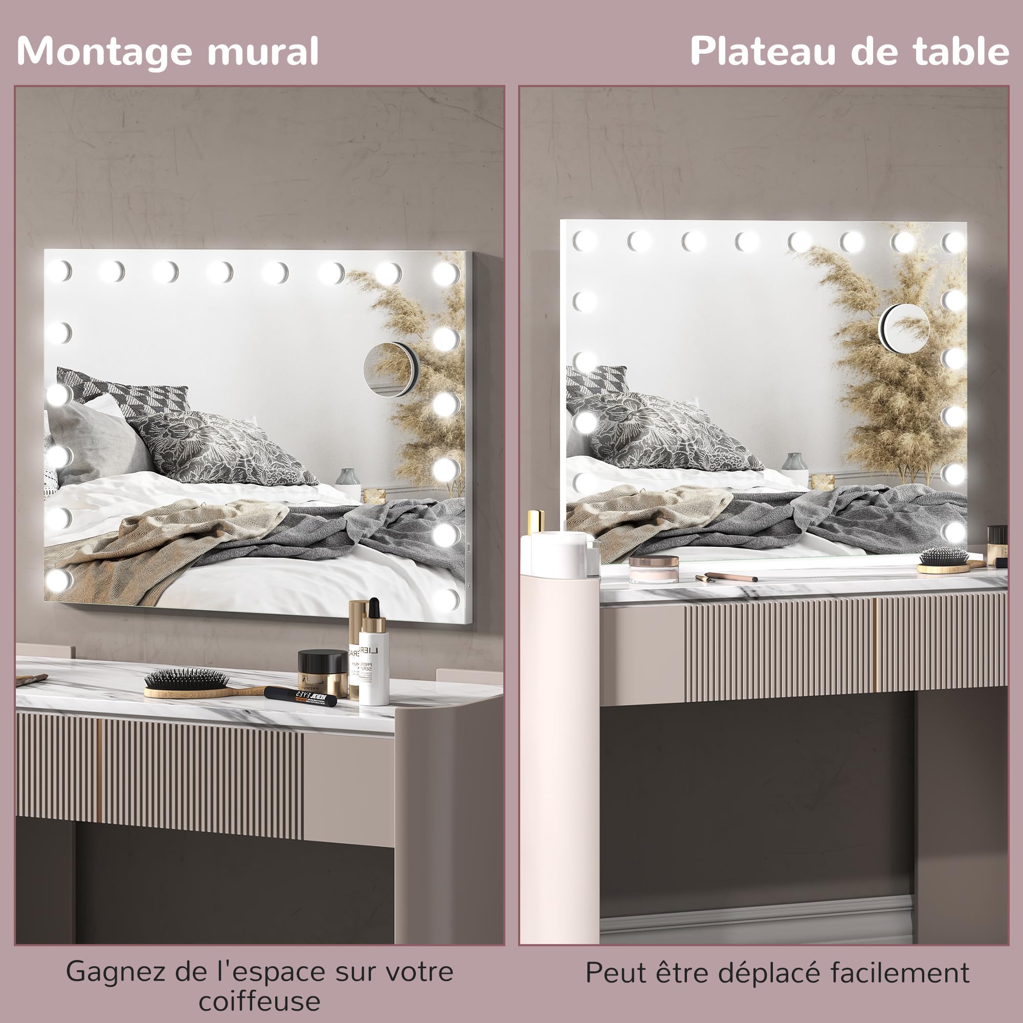 HOMCOM Miroir Maquillage Hollywood Lumineux LED Intensité Réglable 80x62cm | Miroir Grossissan, Port de Charge USB, Support de Téléphone