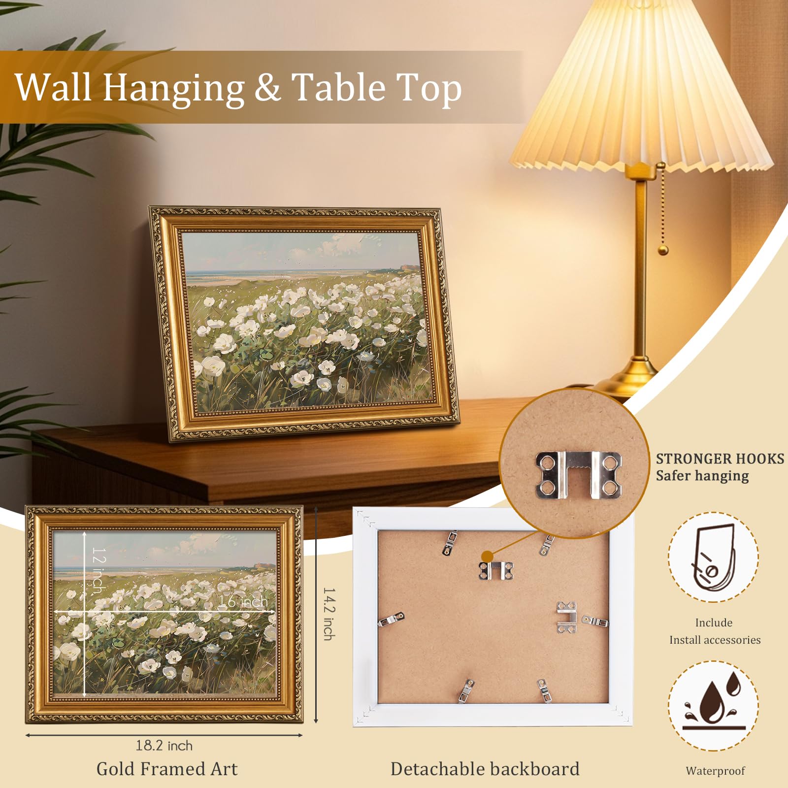 Wandkunst, Vintage-Stil, goldgerahmt, Bauernhaus, Wildblumenfeld-Landschaft, Leinwanddruck, Kunstwerk mit antikem abnehmbarem Rahmen, weißes Blumenfeld, Landschaftsbilder für Schlafzimmer, Küche