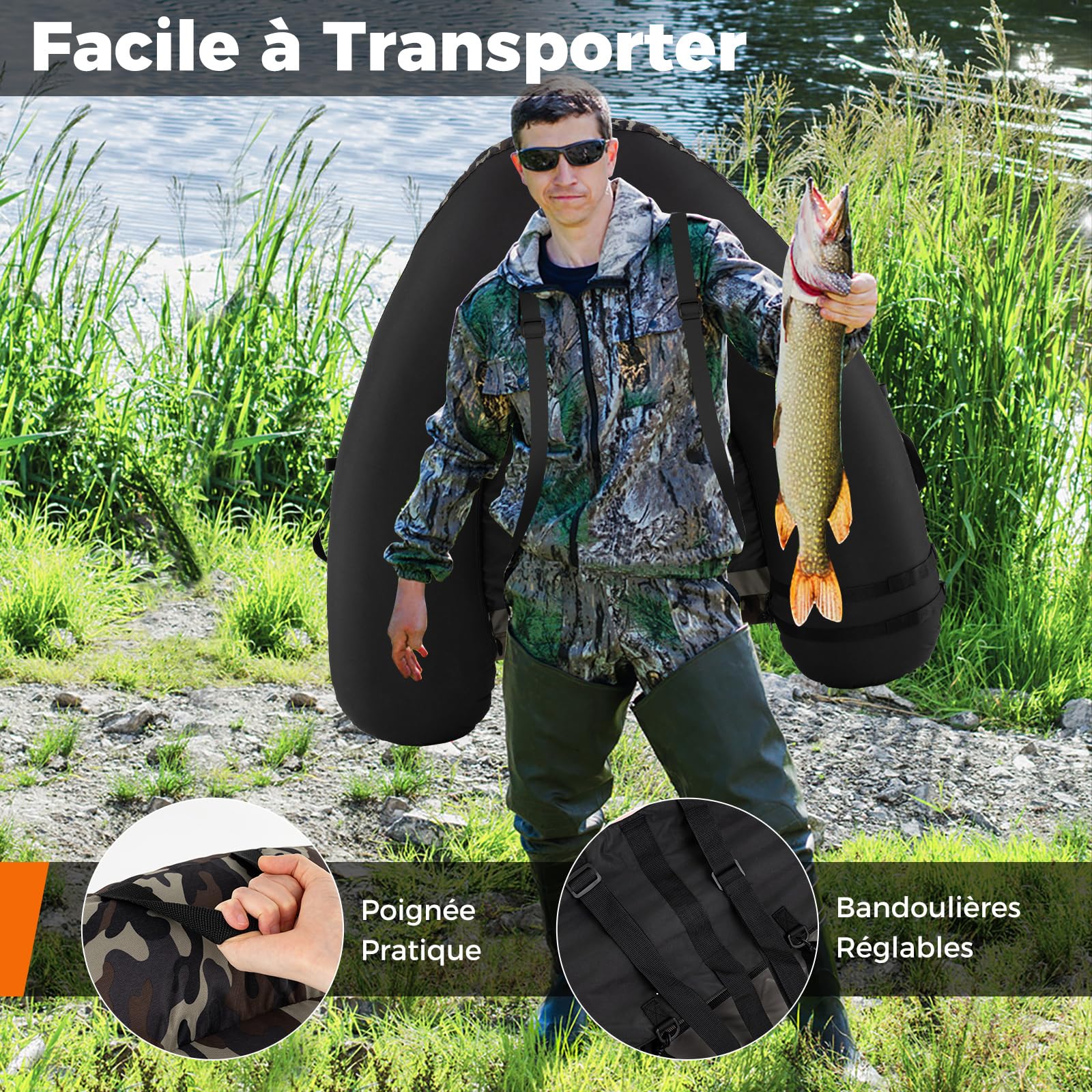 COSTWAY Bateau de Pêche Gonflable avec Bretelles, Bouée de Pêche Portable avec Pompe Manuelle Pagaie Palmes Support pour Canne À Pêche Règle À Poissons, Charge 150 kg