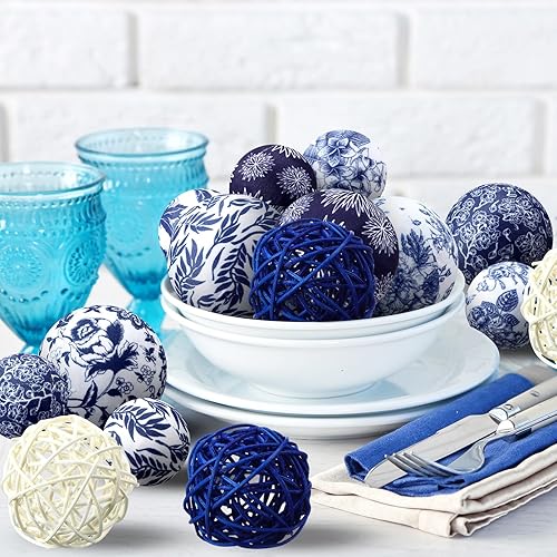 Miniatura 5 de Halloscume 36 bolas decorativas para cuencos de centro de mesa de 2.4 pulgadas, bolas de mimbre de ratán de 1.57 pulgadas, decoración azul y blanca,