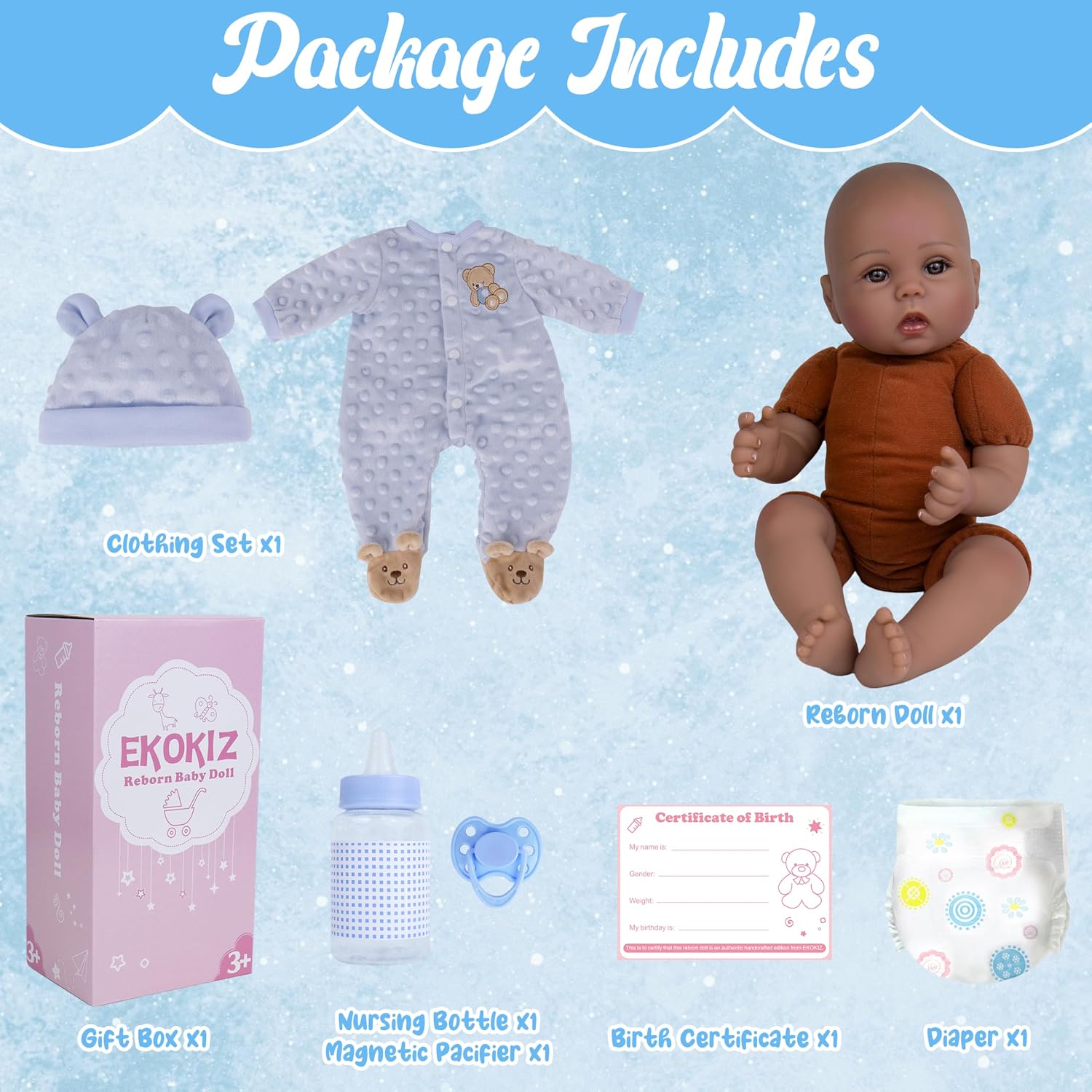 EKOKIZ 18 Inch Realistic Reborn Baby Doll Boy - Black Lifelike Newborn Doll with Blue Bear Outfit & Plush Hat, Weighted Soft Body African American Doll for Kids Age 3+, Heartwarming Gift Set