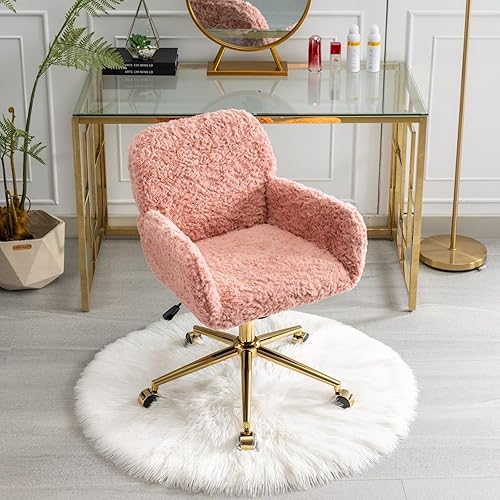 Miniatura 87 de Silla moderna de peluche para oficina en casa, bonita silla de escritorio tapizada con patas de metal dorado, silla giratoria ajustable con ruedas,