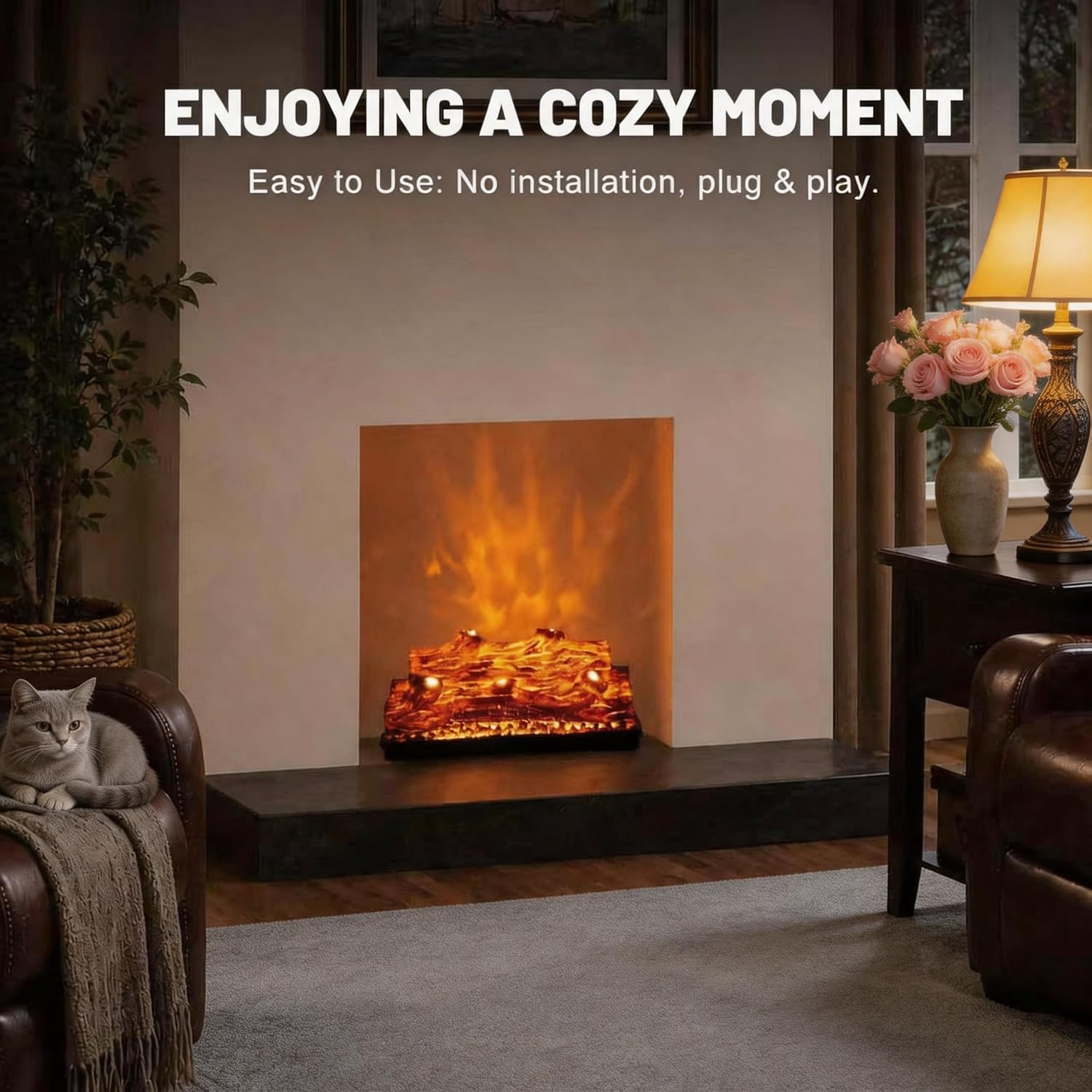 Electric Fireplace Logs Realistic Flame Effect Embedded Fireplace Flame Block 21.46 * 9.45 * 8.27 in USB Remotecontrol Fireplace Placement Not Emitting Heat