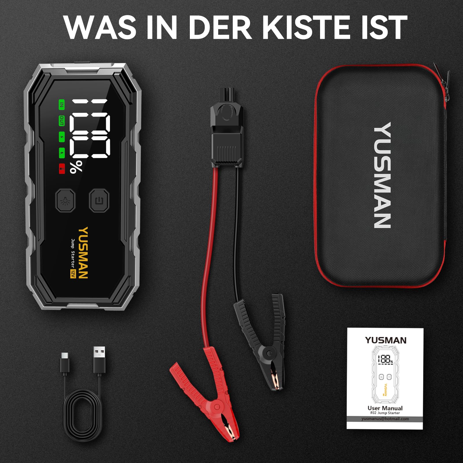 YUSMAN Starthilfe Powerbank für PKW | 8000A Autobatterie Booster für alle Fahrzeuge & 10.0L Diesel mit LED-Taschenlampe, Großdisplay & Springkabel – Ideal für SUV, Motorräder, Rasenmäher