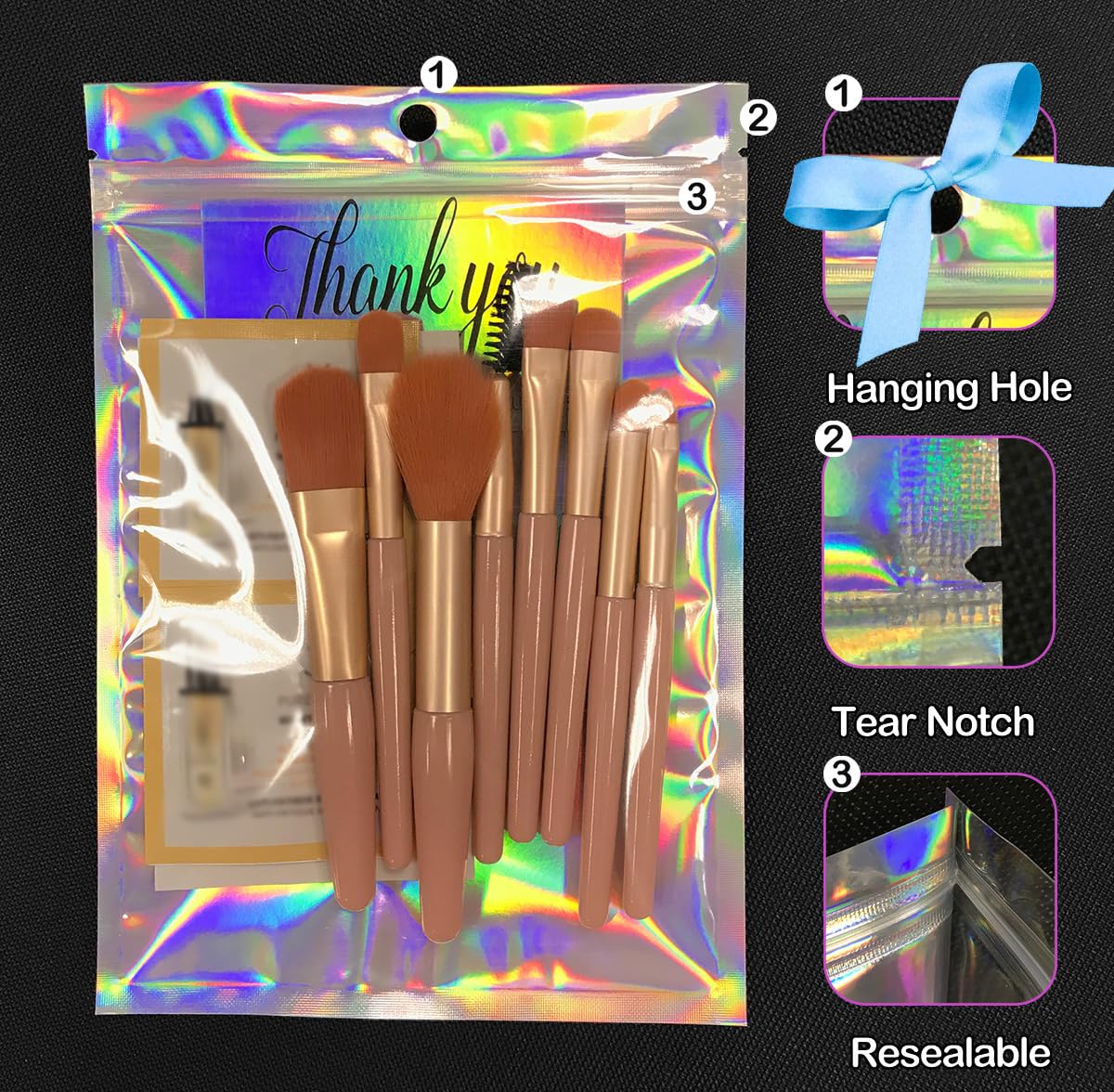 Bolsas a prueba de olores y bolsa de papel de aluminio resellable bolsas herméticas [50 unidades] ideal para almacenar alimentos de recuerdo de fiesta (color holográfico, 8 x 5.5 pulgadas)
