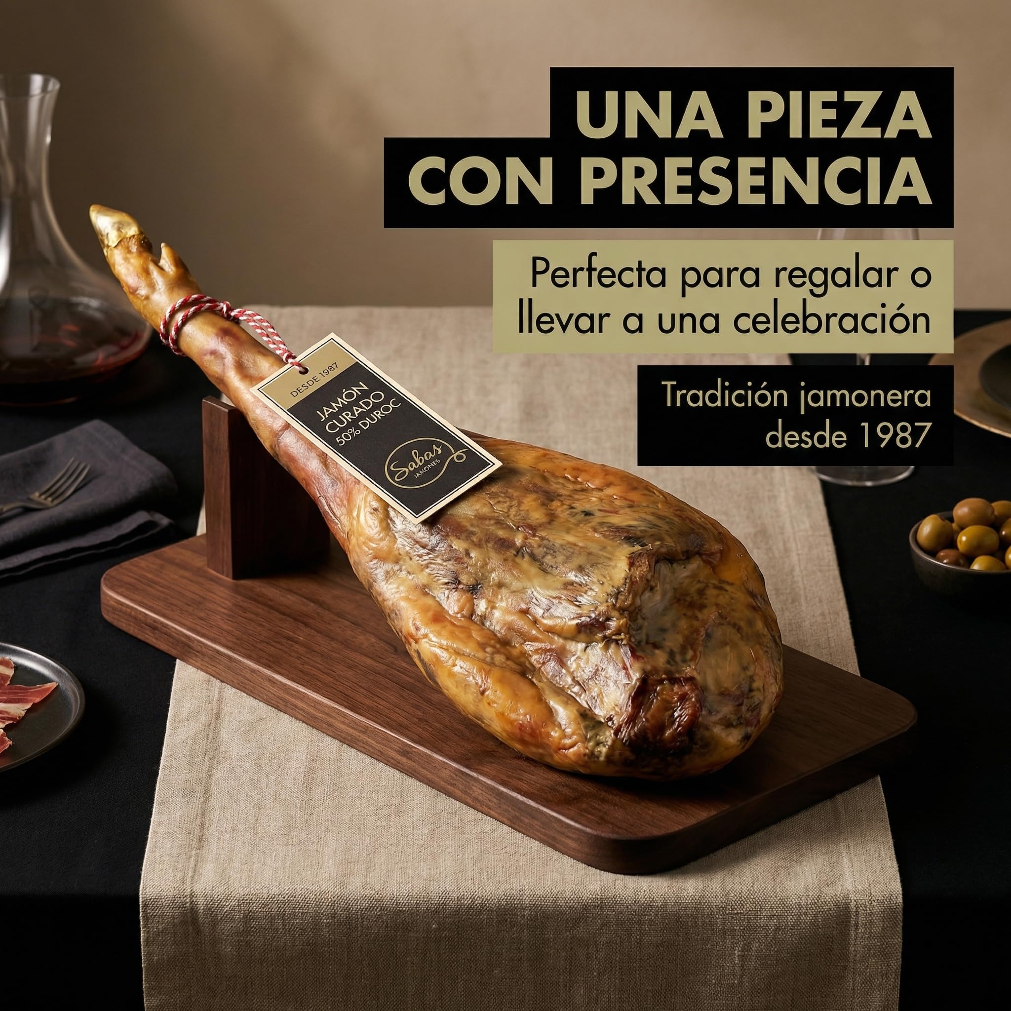 SABE A SABAS Jamon Curado 50% Duroc Gran Reserva Pieza Entera 8 kg Bodegas Curacion Natural Sin Gluten Sin LactosaTradicion Desde 1987 Corte Facil Bocadillos Tapas Aperitivos Regalo Gourmet Navidad