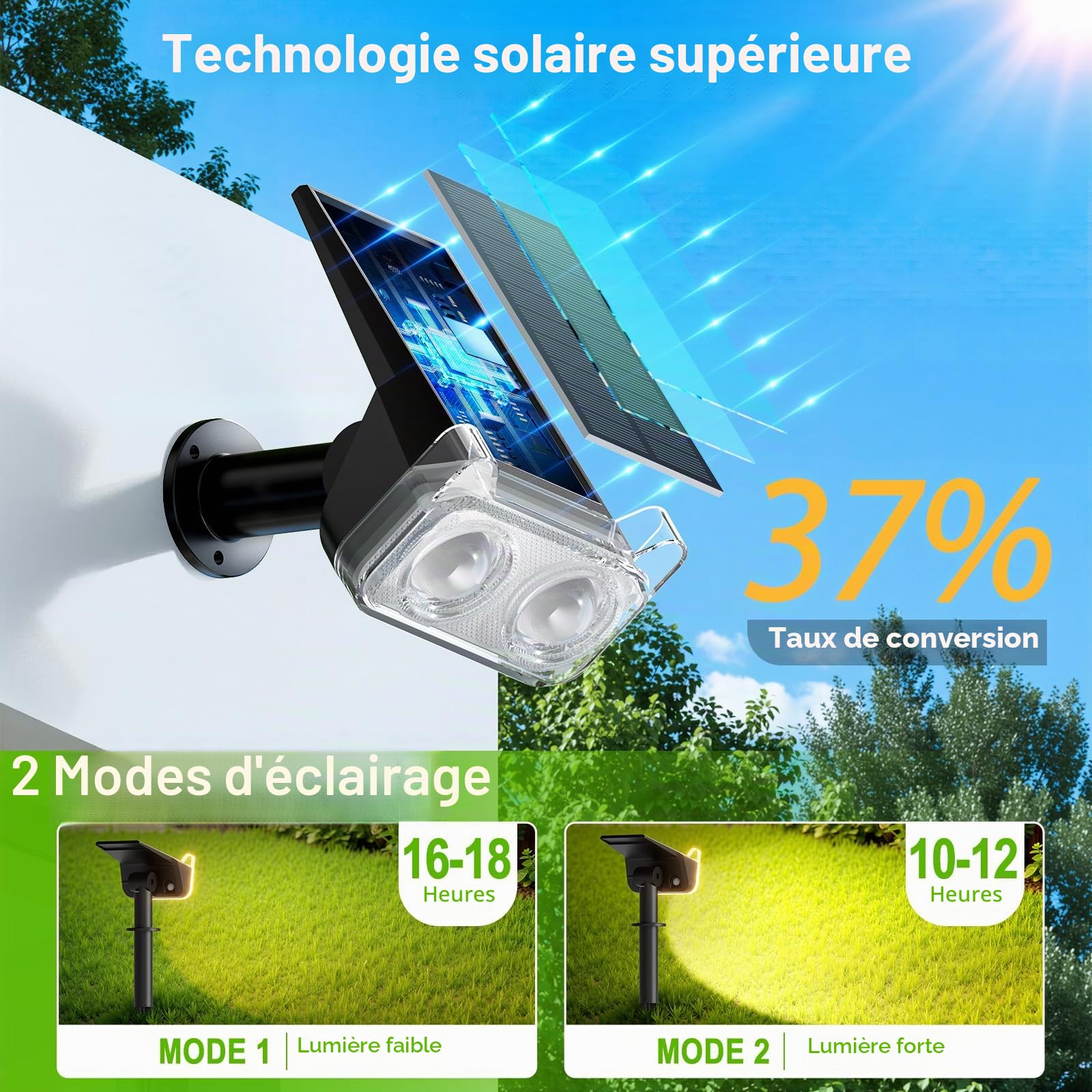 GEARLITE Spot Solaire Exterieur Puissant, Lot de 4 Lampes Solaires Exterieures Jardin 3000K Lumière Blanc Chaud, 2 Modes d'Éclairage, IP65 Étanche Eclairage Exterieur Solaire pour Chemin Allée