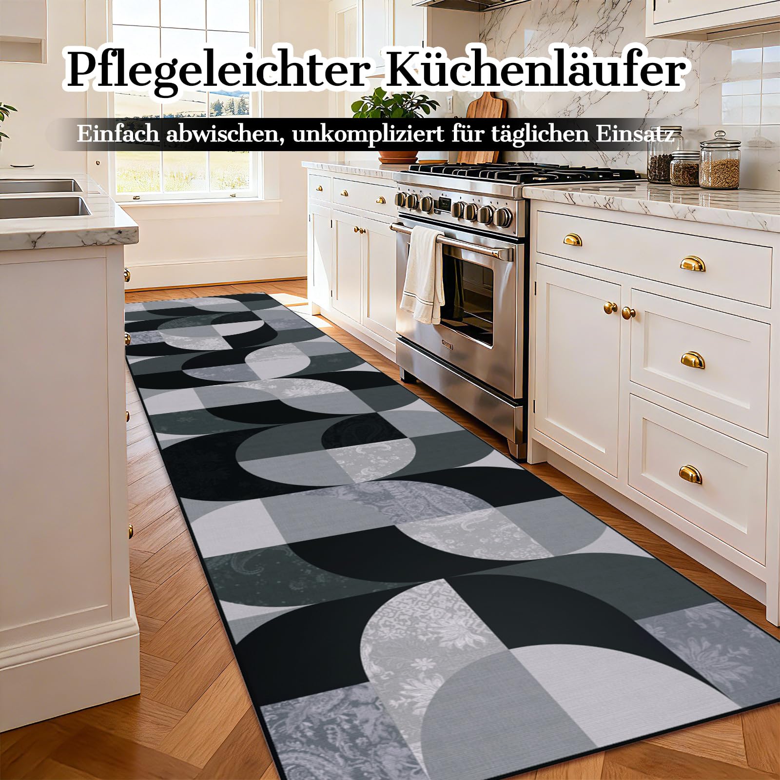 Boho Teppich Läufer Flur 80x300 cm, Schwarz Waschbar Küchenteppich, Geometrischer rutschfester Flurläufer Lang, Weicher Kurzflor Küchenläufer für Eingänge Schlafzimmer Wohnzimmer Korridor Küche