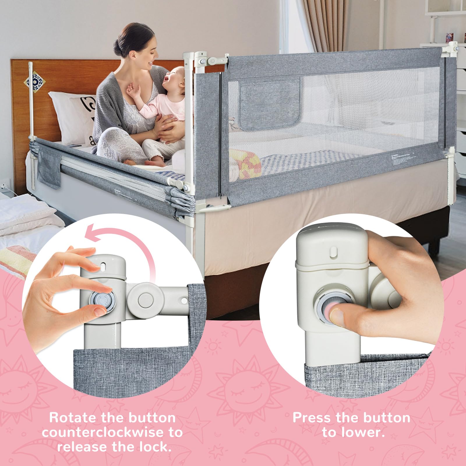 Barrière de lit anti-chute 180 cm Gris Clair avec design abaissable et sac de rangement