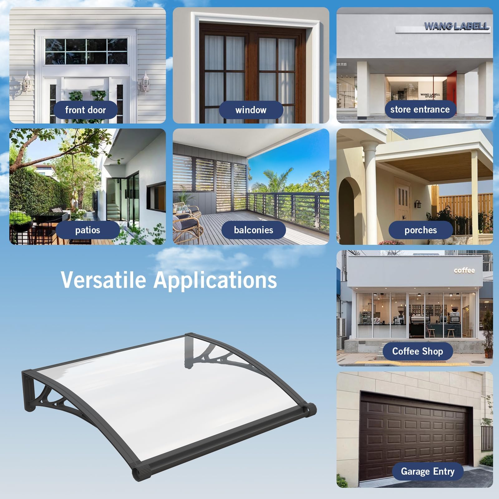 Vordach für Haustür mit separater Entwässerung, 200x80cm-Fenstervordach, Robuste Polycarbonat Pultvordach Überdachung für UV-, Regen- und Schneeschutz, ideal für Veranda