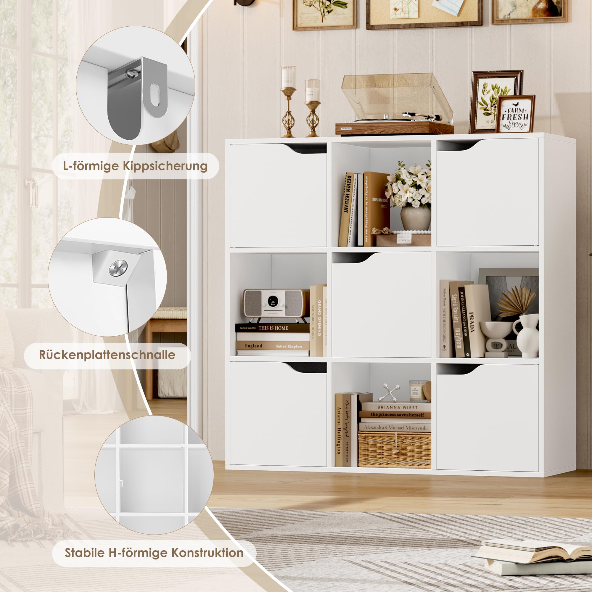 FirFurd Bücherregal Bücherschrank mit 5 Türen 9 Fächern 90x29x90 cm weiß | Kallax Regal, Würfelregal, Büroregal, Raumteiler, Aufbewahrungsregal für Wohnzimmer Arbeitszimmer Kinderzimmer