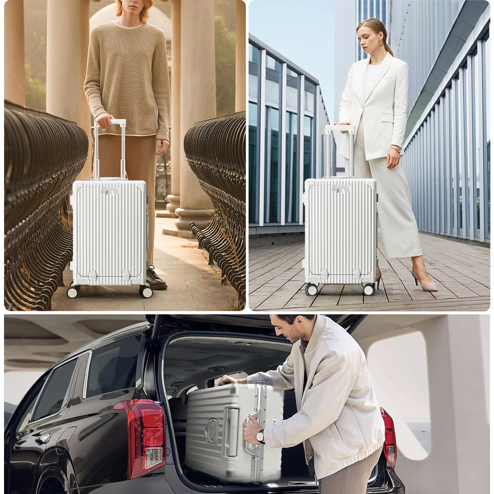 LANMOU Maleta de Cabina 20″, Marco de Aluminio + PC, Puerto USB, Blanco | Maleta Cabina Rígida 56×35×23 cm con 4 Ruedas, Cerradura TSA