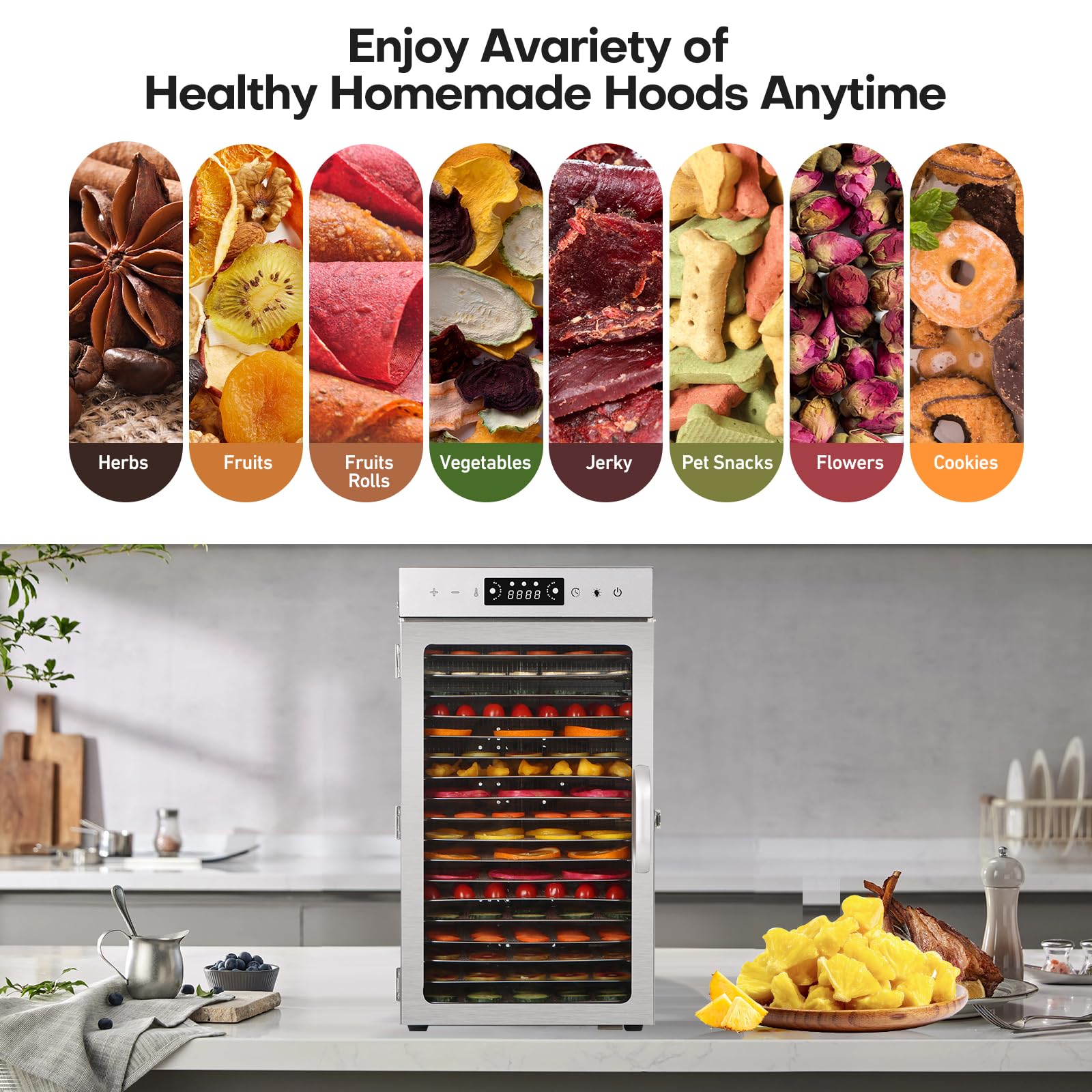 Panana Food Dehydrator Machine, Dehydrators for Jerky, Stainless Steel Dehydrater for Fruits, Vegetables, Herbs, Mushroom, Dog Treats, Dehydrators Christmas Gift, New Year Gift (New-18 Trays)