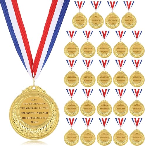 Miniatura 7 de Ecally Juego de 48 regalos de agradecimiento para empleados, medalla de premio de oro de metal con cinta para el cuello, calcomanías inspiradoras de