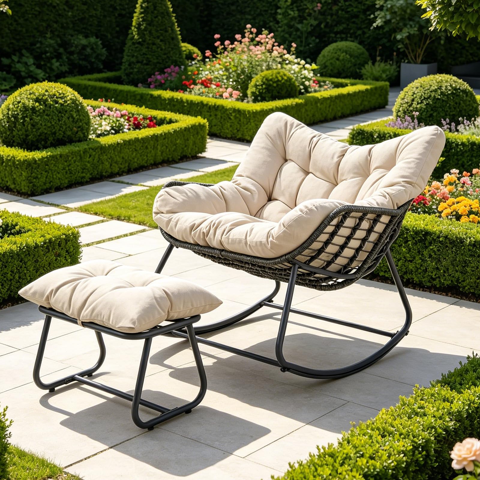SOARS Poltrona a Dondolo con Poggiapiedi, Sedia a Dondolo da Interno ed Esterno, Poltrona Relax in Rattan con Cuscini Rimovibili per Soggiorno, Balcone e Giardino, Portata 150 kg (Beige)