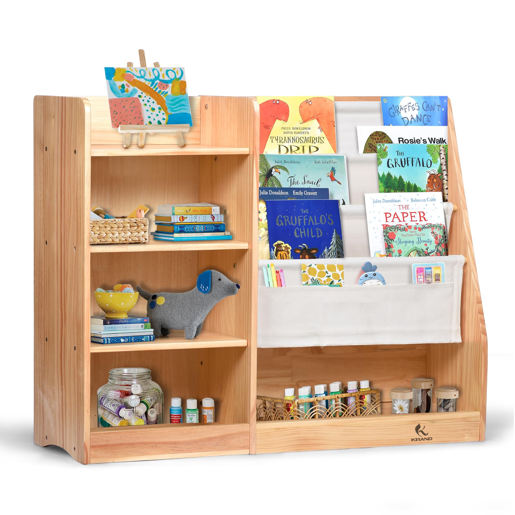 KRAND 4-Layer Kids Wooden Bookshelf, 4-Tier Layer Sling Bookcase, Baby Storage Book Rack,Toy Organizer Cabinet, Books Display for Playroom Livingroom Toddler Room Nursery and Classroom (Natural)