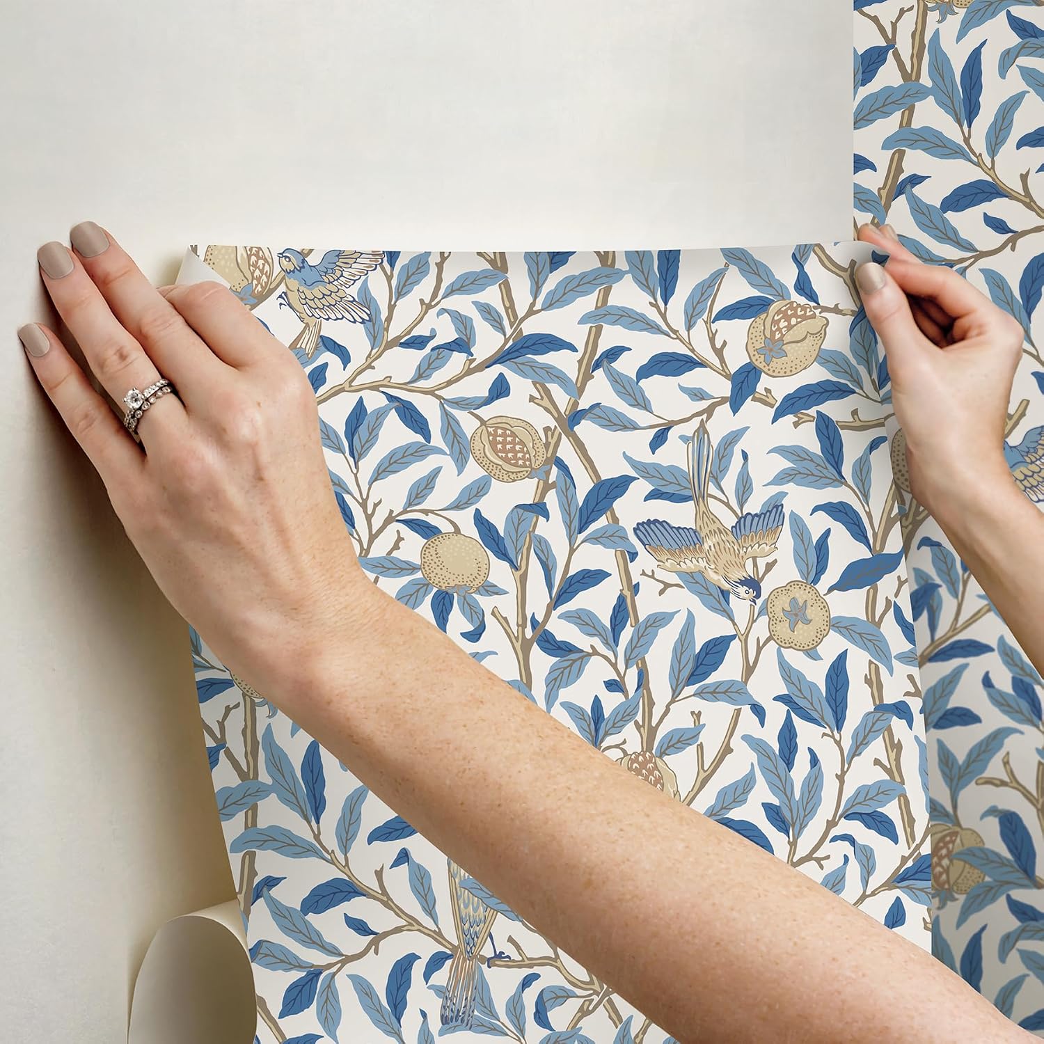 NuWallpaper x Morris & Co. Bird and Pomegranate Woad Peel and Stick Wallpaper, MCS6591