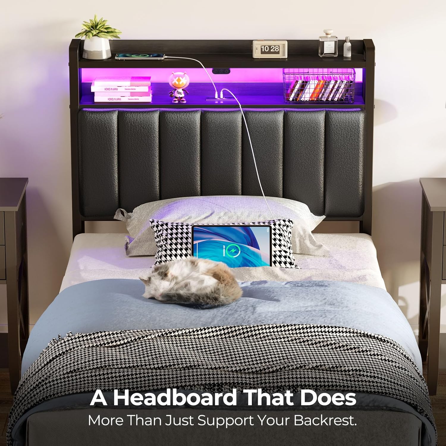 Rolanstar Headboard for Twin Size Bed with Storage, 60,000 DIY Color of LED Light, Head Board with USB & Type C Port, Height Adjustable, Black Upholstered Cabeceras de Cama Comfortable Modern, Leather
