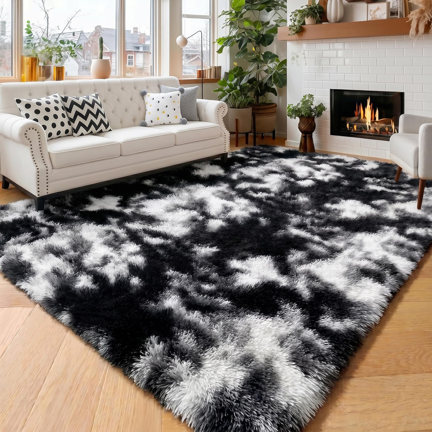 Tapis moderne à poils longs pour chambre d'enfant et dortoir cocooning gris et blanc