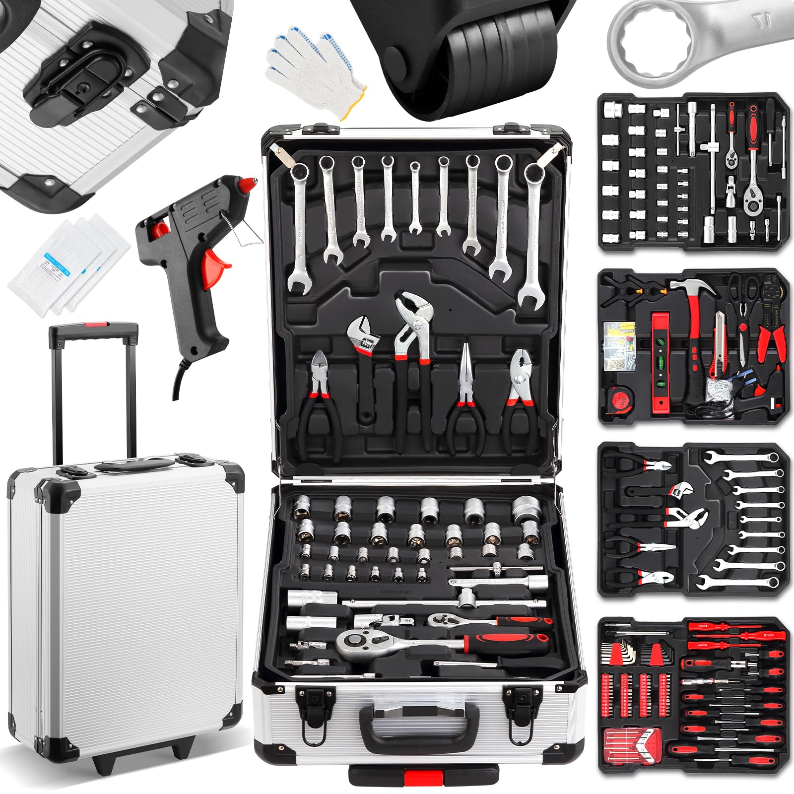 TEENO Caja Herramientas | Maletín de Herramientas 1000 Piezas | Caja de Herramientas Completa con Maletín de Aluminio | Ruedas y Asa Telescópica | Kit de Herramientas para Hogar, Garaje y Reparaciones