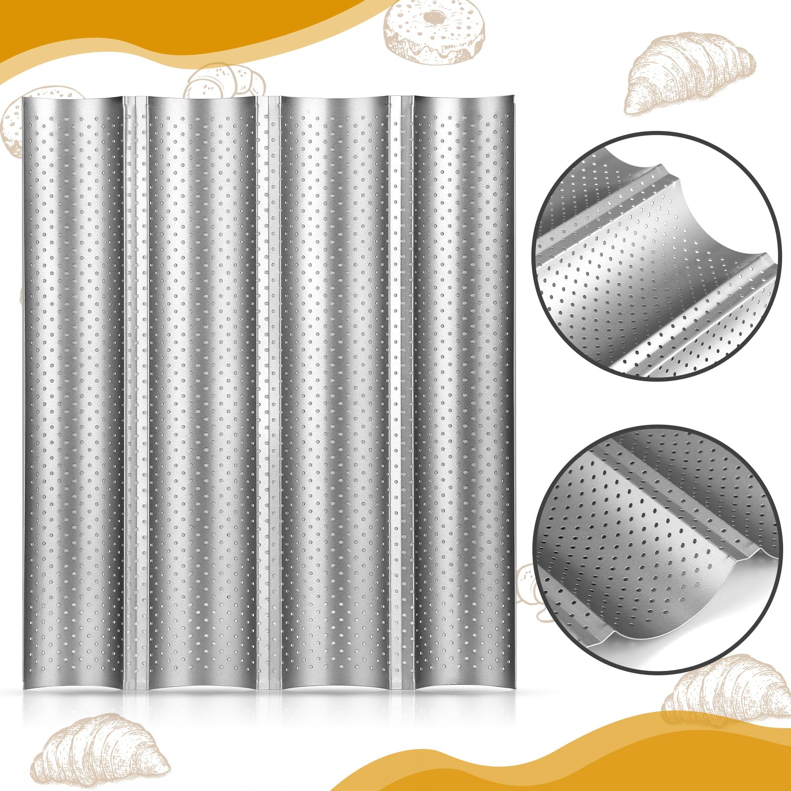 Mifoci Baguette-Pfanne, antihaftbeschichtet, perforiert, 38,1 x 33 cm, Karbonstahl, 4 Wellen, Brot, Backblech für Sauerteig, französisches Brot, silberfarben, 6 Stück