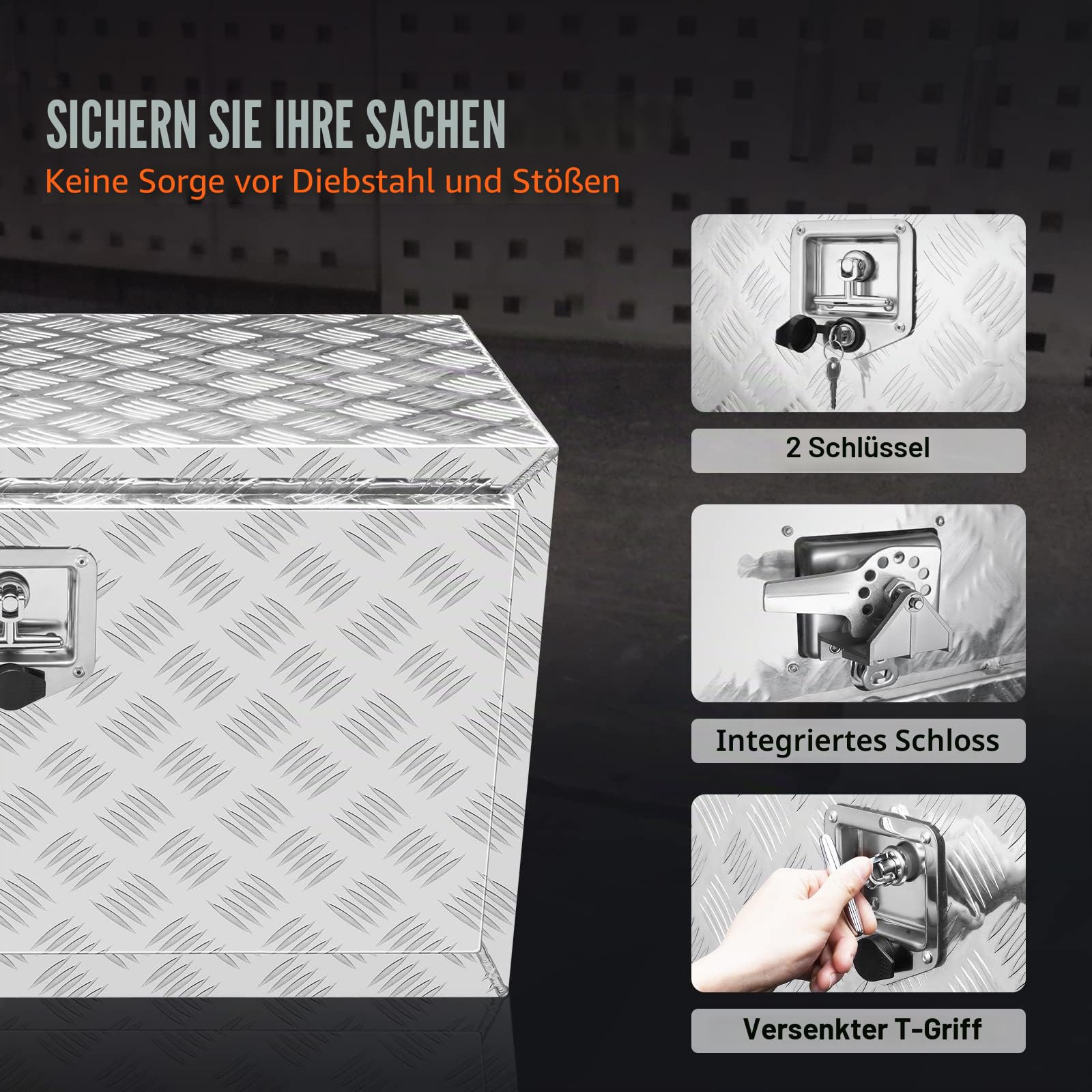 VEVOR Truckbox Werkzeugbox Anhängerbox Werkzeugkasten 760x355x405mm Pickup-Aufbewahrungsbox, Aluminium-Diamantplatten-Werkzeugkasten mit Schloss & Schlüsseln, wasserdichte Anhänger-Aufbewahrungsbox