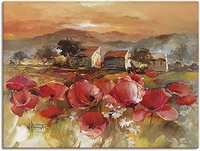 ARTLAND Wanddeko Leinwand Bilder Wandbild 120x90 cm Toskana Landschaft Italien Mohnblumen Botanik Blumen Malerei Kunst B8ZX