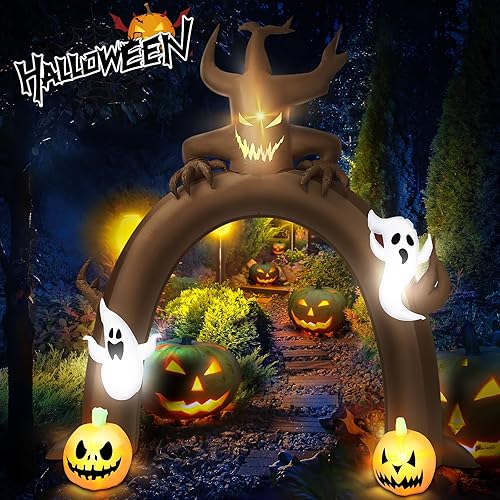Miniatura 7 de Glimin Arco inflable de árbol de Halloween de 10 pies con calabaza fantasma y luz LED integrada, decoración de patio inflable de Halloween para