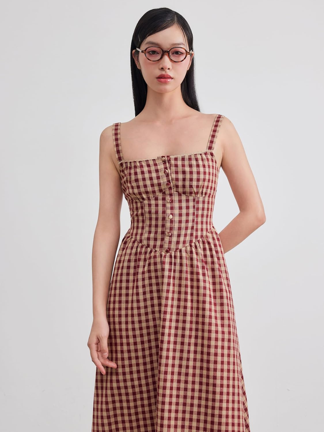 CIDER Maxi Dress for Women Gingham Cotton Blend Square Neck Casual Lined Summer Vacation Dress Middle Waist - Image 4