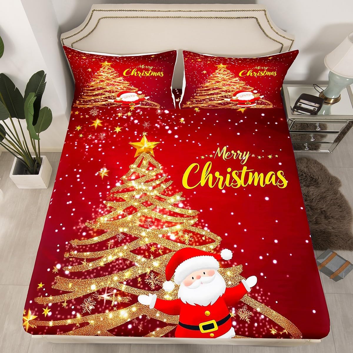Feelyou Merry Christmas Tree Sheets Glitter Golden Christmas Santa Claus Bedding Set Queen Size Star Christmas Xmas Bed Sheets Christmas Luxury Sheets Set,1 Fitted Sheet+2 Pillow Sham+1 Flat Sheet