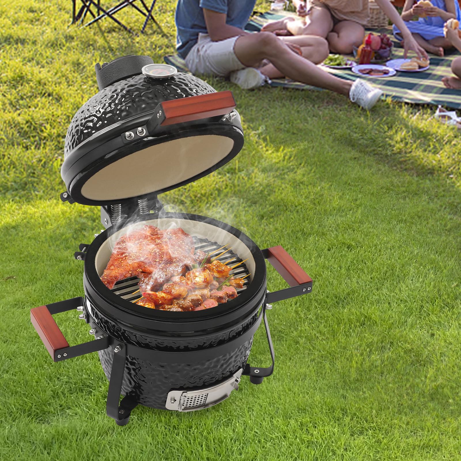 Barbecue in ceramica a carbonella, Ø 32 cm, con termometro, ventilazione e manici in legno, mini barbecue a sfera 2 in 1, per giardino, balcone e campeggio