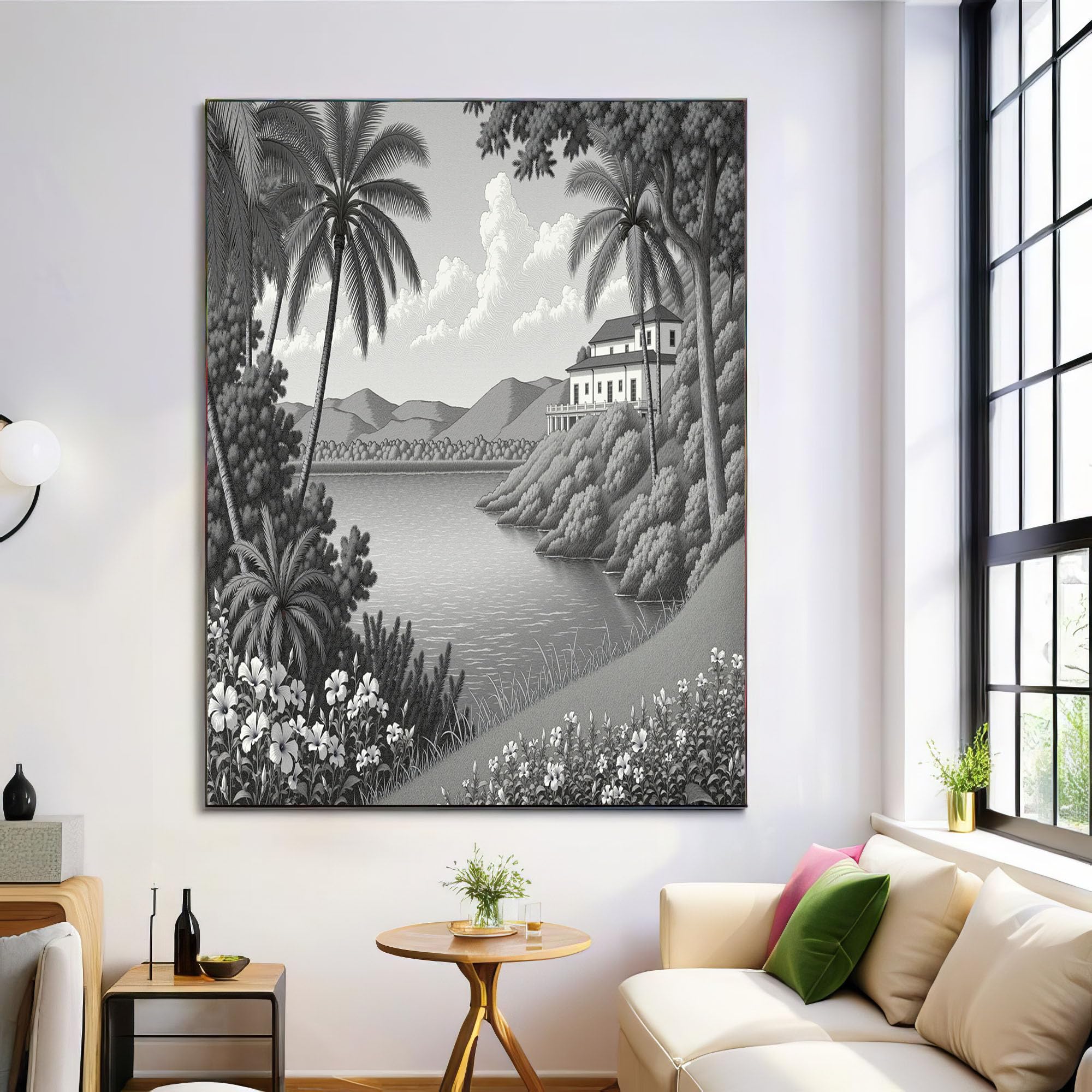 Cuadro moderno en lienzo de bosque místico, calma natural en blanco y negro para tu baño 8