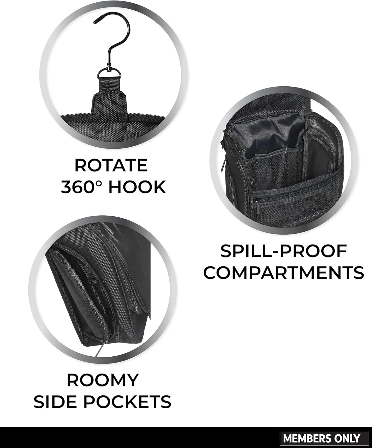 Members Only Hanging Toiletry Bag with Rotating Hook, Black Toiletry Organizer, Bathroom Bag