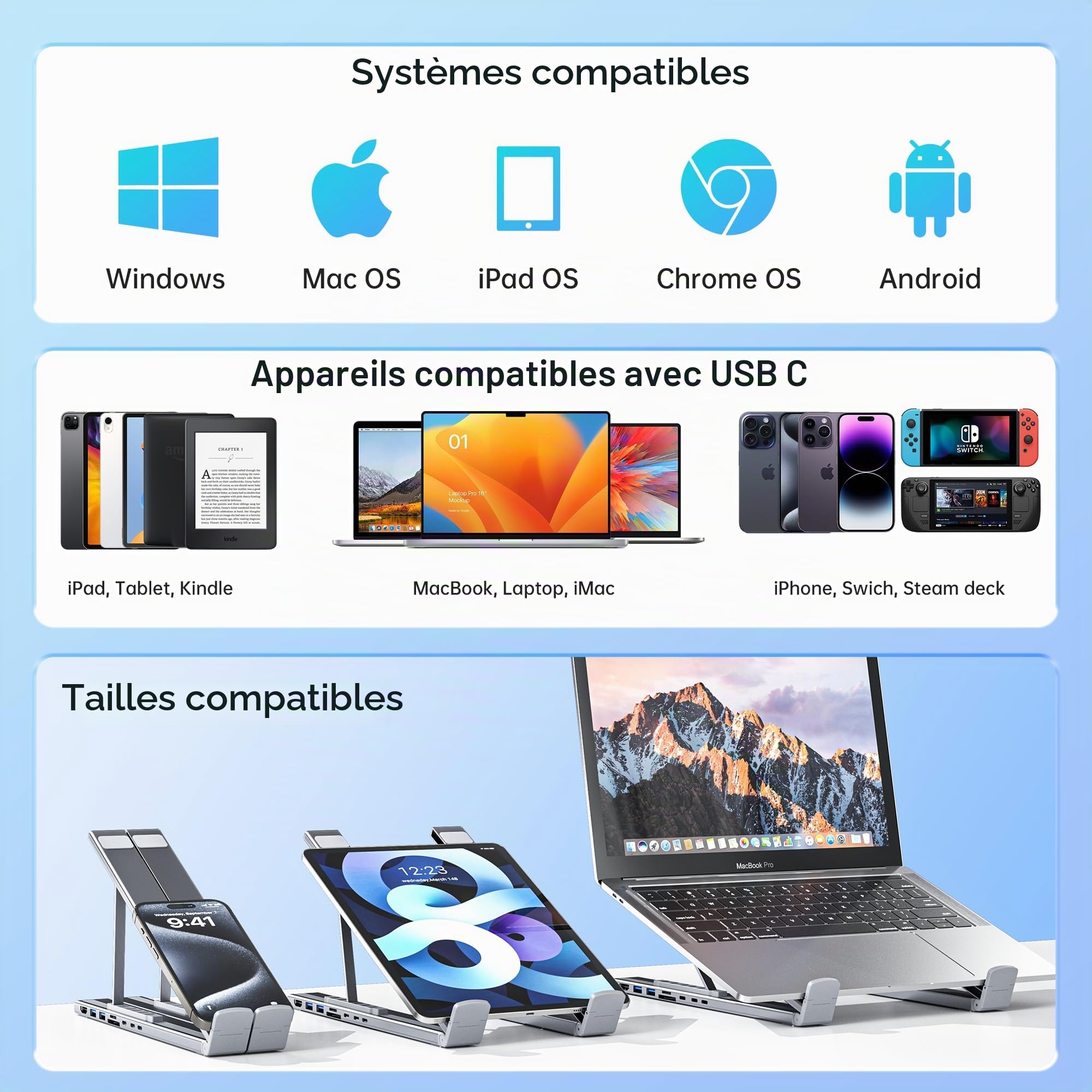 Support Ordinateur Portable, 8 en 1 Station d'accueil USB C Laptop Stand Docking Station USB C Hub HDMI 4K@30Hz, PD 100W, Support PC Pliable Adaptateur USBC Dock Compatible avec MacBook Pro/Air