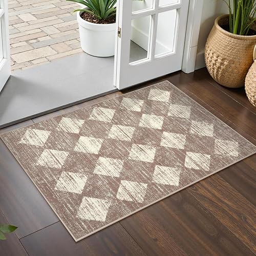 Lahome Moroccan Treills Area Rug - 2x3 Small Beige Bathroom Rug Door Rugs for Entryway Indoor, Checkered Washable Non Slip Throw Carpet for Bathroom Powder Room Kitchen Bedroom Front Door