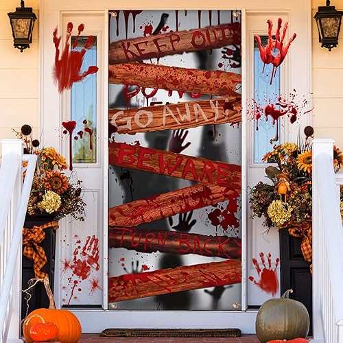 Miniatura 5 de Large Halloween Zombie Door Cover, 35X73 Inch Bloody Handprint Halloween Front Door Cover Decoration Shadowy Figure Halloween Poster Scary Haunted