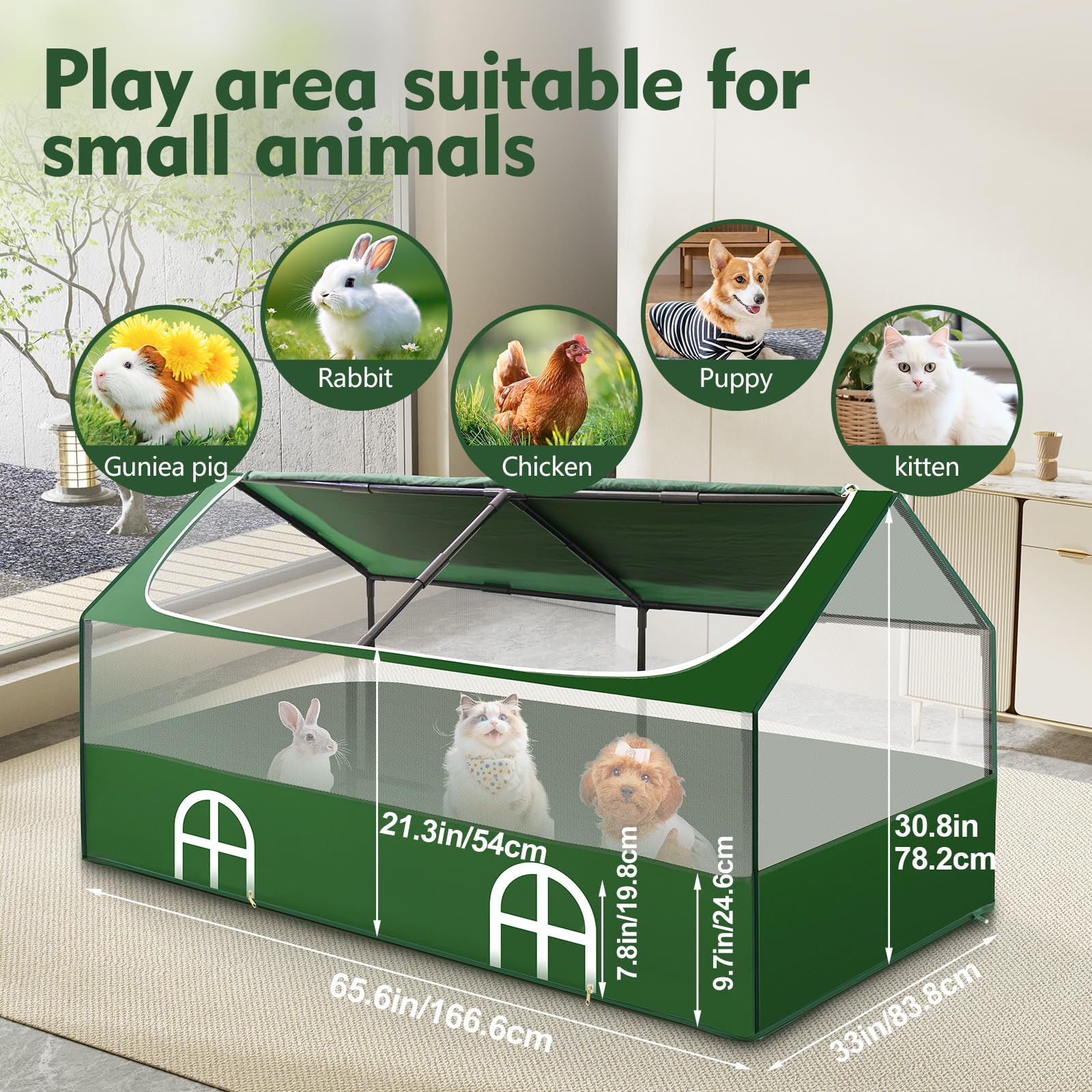 Kleintier-Laufstall, Kaninchen-Laufstall, Meerschweinchen-Laufstall für drinnen und draußen, tragbarer Zaun, Tierlaufstall mit wasserdichtem Boden für Meerschweinchen, Hamster, Igel, Hase, Grün, L
