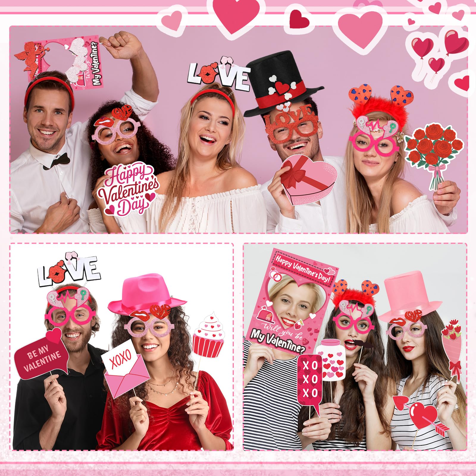 34 Pcs Valentine's Day Photo Booth Props Kit Red Pink Celebrate Valentine Day Photo Props Funny Hat Glasses Headbands Kiss Wine Flower Photos Frame for Photoshoot Fun Wedding Party Decoration