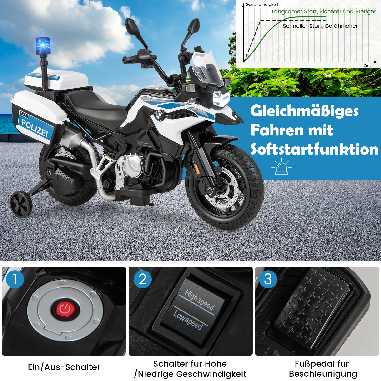 COSTWAY Kinder Motorrad Polizei, 12V BMW Elektromotorrad mit LED-Scheinwerfer, Sirenenlicht & Musik, Kindermotorrad mit 2 Stützrädern, 3-6 km/h, für Kinder ab 3 Jahre, Weiß